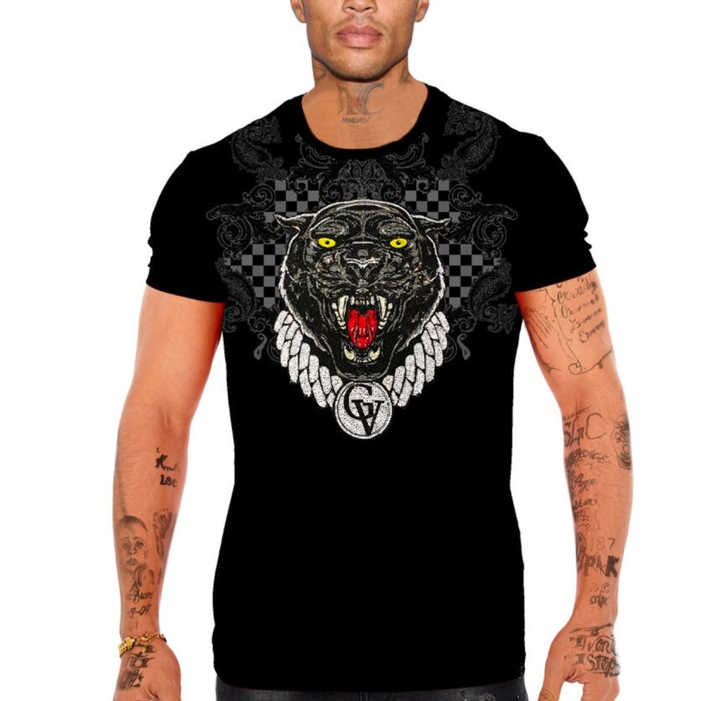 Men’s designer black George V T-shirt from Paris with rhinestones